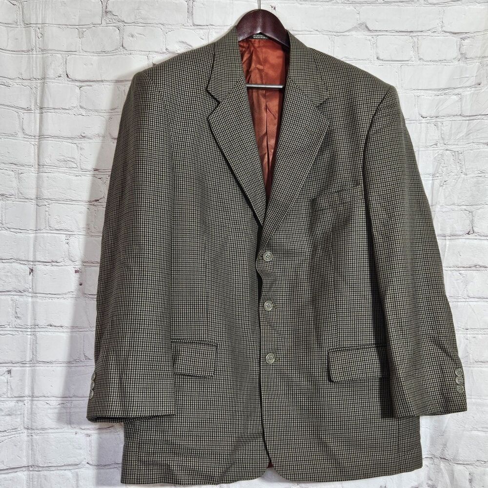 John Henry Men 44R Houndstooth Blazer Jacket Sport Coat Polyester Wool Blend Y2K